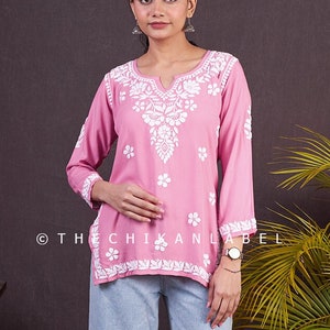 Baby Pink modal chikankari short kurta Lucknow chikan handmade short top, Women&#39;s shirt Kurti for jeans, Gift for her, Office wear kurta top