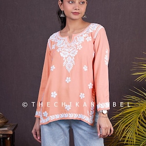 Peach modal chikankari short kurta Lucknow chikan handmade short top, Women&#39;s shirt Kurti for jeans, Gift for her, Office wear kurta top