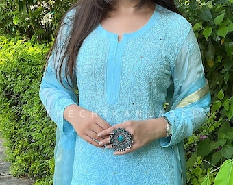 Blue Viscose Chikankari Kurta Set: Handmade Indian Salwar Kameez