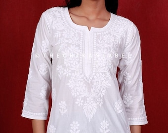 White cotton chikankari short kurta for women, White kurta for her, Lucknow Chikan Handmade Tunic Top, White Top, White Shirt, Tops & Tees