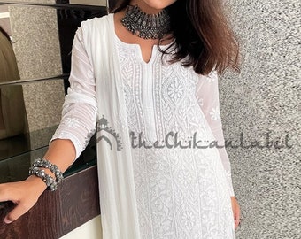 FREE INNER White Chikankari Kurti Palazzo Set Indian Bollywood Designer 3 Piece Kurta Set Lucknawi Chikan Handmade Salwaar Kameez
