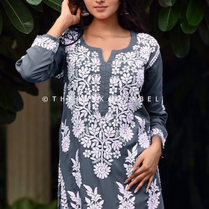 Chikankari Kurti ricamato a mano: Lucknowi Kurta in cotone modale grigio