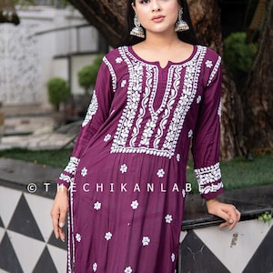 Women wear Wine Muslin Chikankari Straight Kurti Lucknawi Chikankari Hand Embroidered Kurta Traditional Pakistani Wear Gift for her Amara