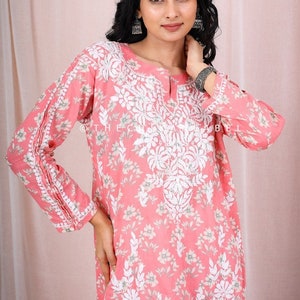 TheChikanLabel Peach Cotton Printed Chikankari Straight Kurti Lucknow Chikankari Kurta Kurti Indian Bollywood Designer Wear Tunic Shirt Top
