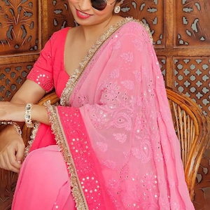Handcrafted Peach Viscose Chikankari Lace Border Saree, Mukaish Work Lucknowi Chikan, Bollywood Traditional Saree for Weddings & Festivals