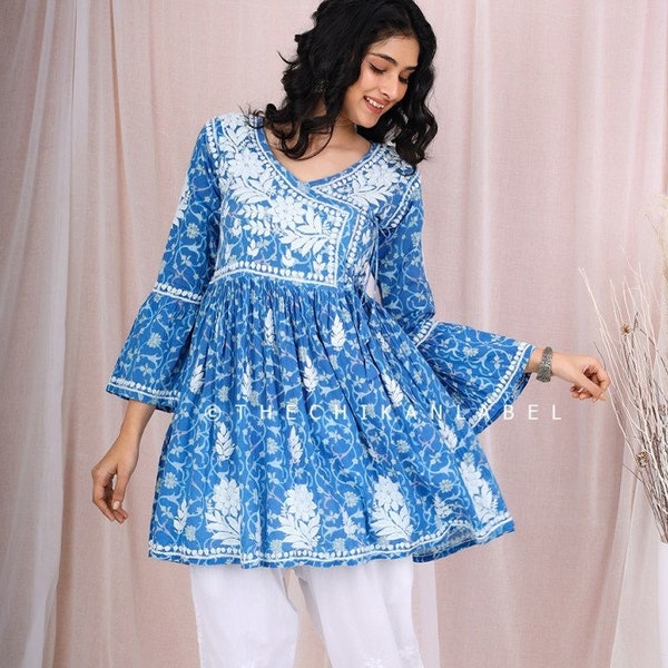 TheChikanLabel Blue Cotton Chikankari Angarkha Top Lucknow Chikankari Shirt Tunic Top Indian Bollywood Handmade Dress