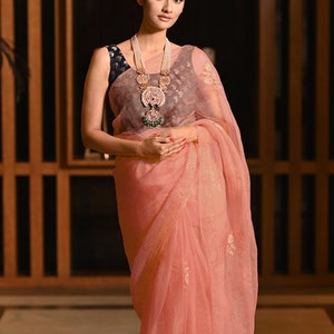 Peach Chikankari Saree in Organza Fabric for Women Hand Embroidered Lucknowi Chikan Sari for Wedding Bollywood Wear Sari Blouse for Her