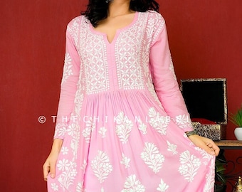 TheChikanLabel Baby Pink Modal Chikankari A-Line Kurti Lucknow Chikankari Handmade Kurta Kurti Indian Bollywood Designer Wear Anarkali Dress