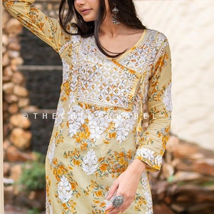 Las mujeres visten kurti recto de algodón mulmul amarillo Chikankari Lucknow Chikankari bordado a mano, prenda tradicional india, regalo para ella Qaifa