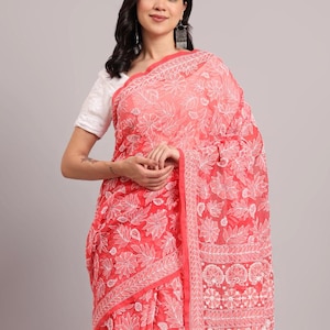 Coral Chikankari Saree | Authentic Hand Embroidered Full Jaal Work | Georgette Saree for Casual & Festive Wear, Lightweight Ethnic Saree