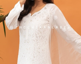 TheChikanLabel White Viscose Chikankari Kurta Set Lucknow Chikankari Salwar Kameez Indian Bollywood Designer Wear Handmade Suit for Her