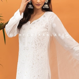 White Viscose Chikankari Kurta Set: Handmade Indian Salwar Kameez