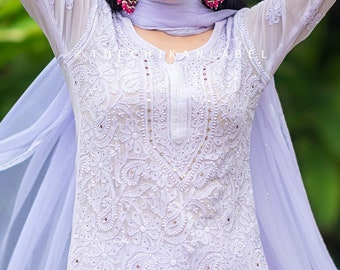 Lavender Viscose Chikankari Kurta Set - Handmade Indian Suit