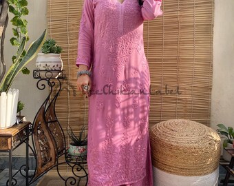 Handmade Mauve Modal Cotton Chikankari Kurta Sharara Set: Lucknowi Chikan Salwar Kameez, Kurti Palazzo Set