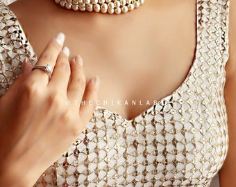 Handmade White Chikankari Blouse: Georgette Sequin Sleeveless Top