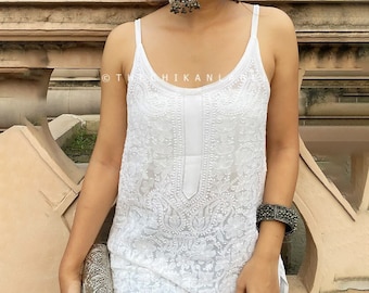 Handmade White Chikankari Strappy Kurti White Viscose Chikankari Strappy Kurta Lucknow Chikankari Handcrafted Tunic Dress for Women