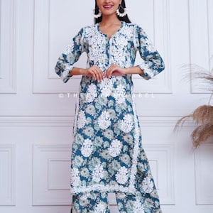 Handmade Blue Mulmul Cotton Kurti Palazzo Set for Women wear Lucknowi Chikankari Hand Embroidered Indian Traditional Wear Gift for Her FARA