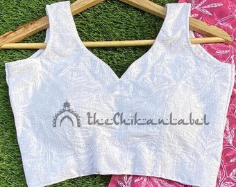 White Chikankari Blouse: Handmade Kota Cotton Sleeveless Top