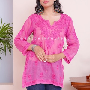 Pink Kota Cotton Chikankari Short Kurta, Chikankari Top for Women, Lucknow Chikan Handmade Short Kurti for Her, Bollywood Designer Dress