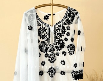 Handmade Lucknow Chikankari Kurti with Dupatta: Kota Cotton Suit