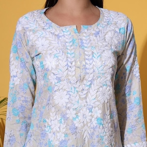 Ethnic wear Trendy Blue Mulmul Organic Cotton Chikankari Straight Kurta Palazzo Set, Lucknowi Chikan Salwar Kameez Festive Gift for her