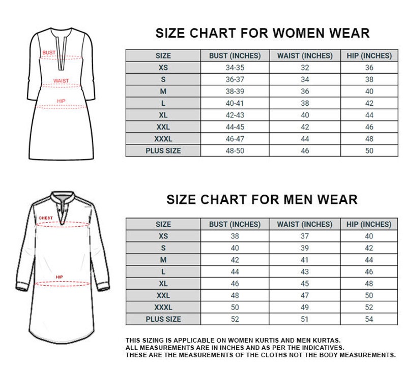 May include: Size chart for women's and men's clothing with measurements in inches. The chart shows bust, waist, and hip measurements for sizes XS to XXXL and plus sizes.
