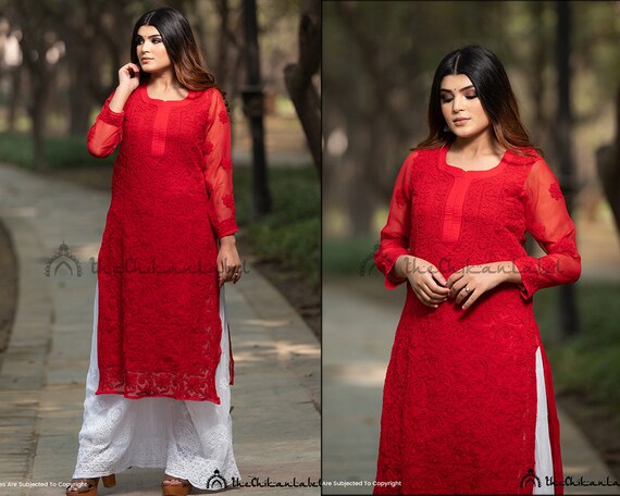 GLOSSY RED CHIKANKARI KURTA SET – sutraclothings