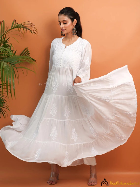 White Handmade Muslin Chikankari Tier Gown Frock Anarkali for Women Lucknowi Embroidery Chikan Handcrafted Dress Indian Ethnic Wear Outfit Etsy UK