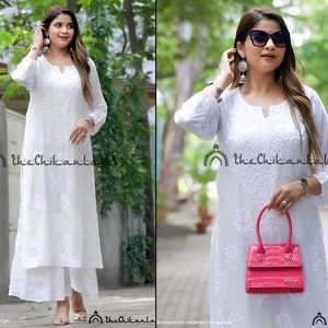White Modal Cotton Kurta Sharara Set Lucknow Chikankari Handmade Chikan Kurti Ethnic Embroidery Women's Clothing Dresses Gift For Her