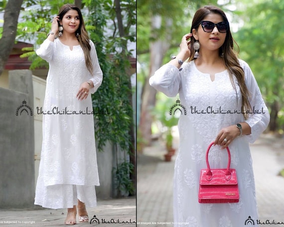 New Eid Pure White Chikankari sequence work Cotton Kurti with Flared  Palazzo Top | eBay