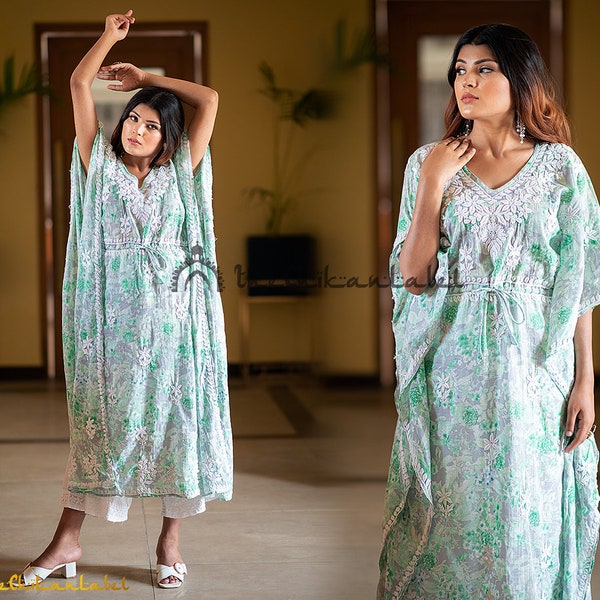 Famaza Couture Azmat Chikankari Kaftan Dress – Hand-Embroidered Luxury Georgette Resort Wear & Boho Tunic (Global Shipping)