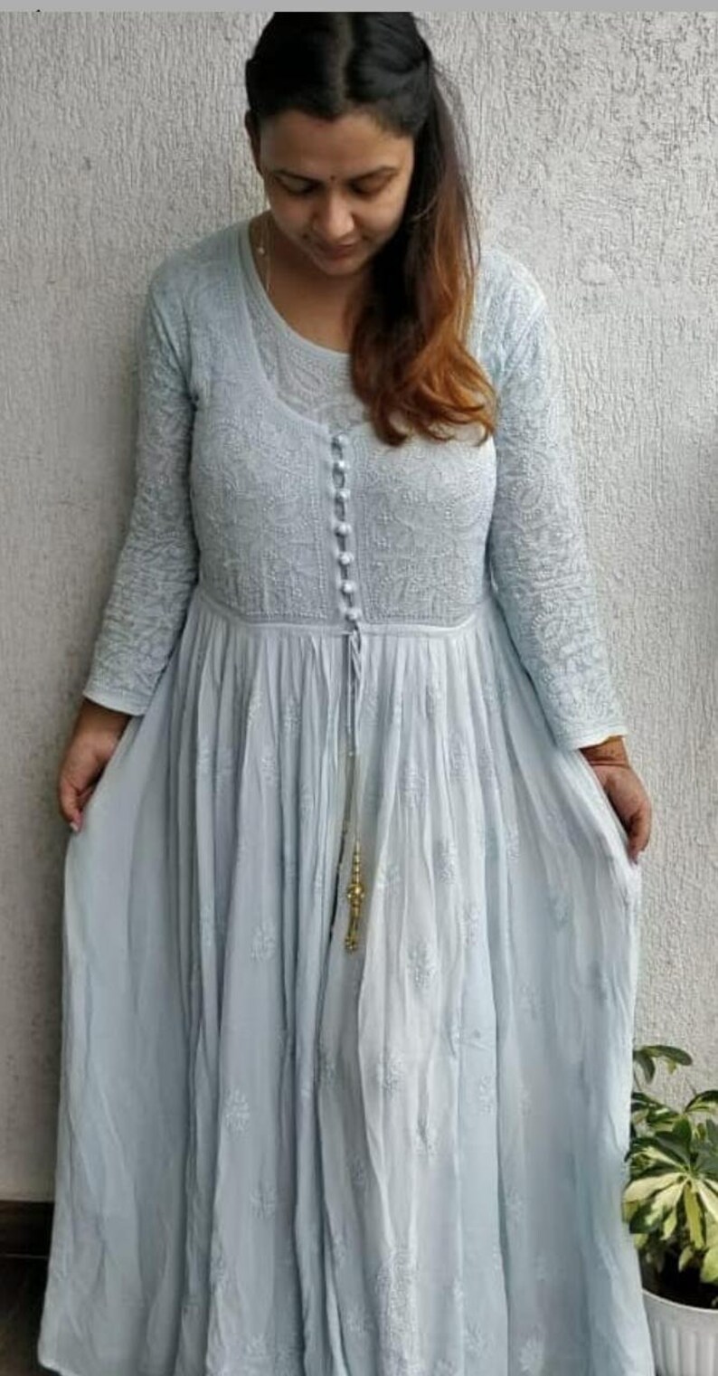 White Chikankari Mastani Anarkali Kurti Pure Georgette Lucknow Chikan Handwork Kurta Embroided Ethnic Wear Kurta Kaftan