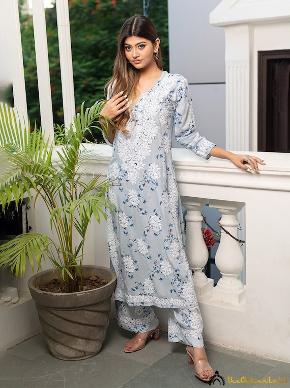 Modal Cotton Chikankari Kurta Pant Set for Women Light Blue
