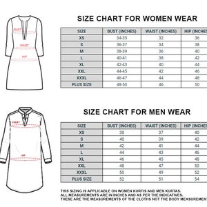 May include: Size chart for women's and men's clothing with measurements in inches. The chart shows bust, waist, and hip measurements for sizes XS to XXXL and plus sizes.