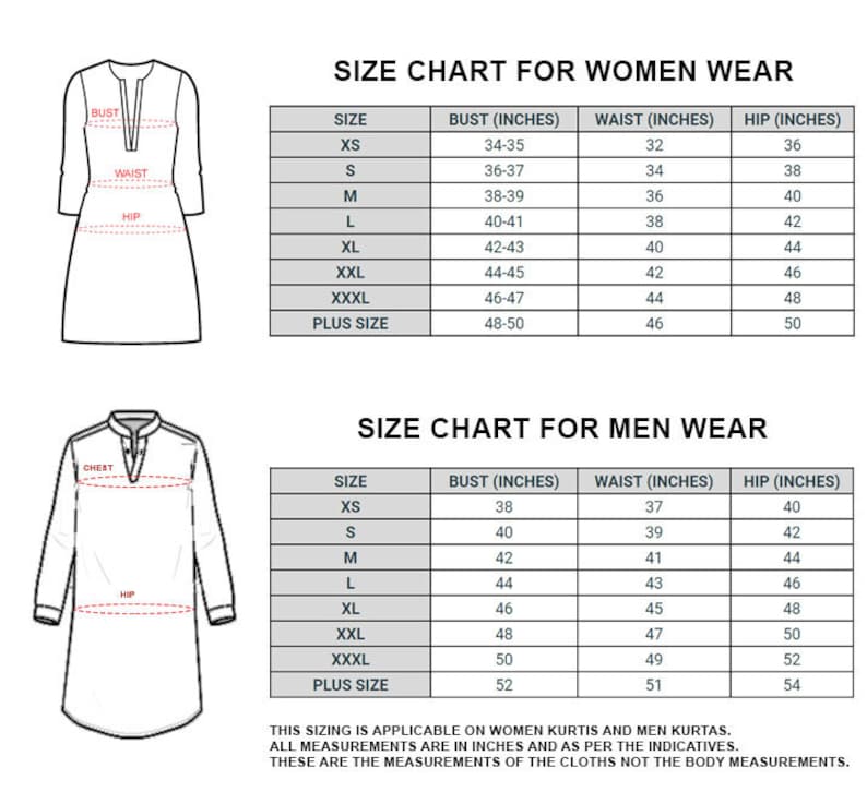 May include: Size chart for women's and men's clothing with measurements in inches. The chart shows bust, waist, and hip measurements for sizes XS to XXXL and plus sizes.