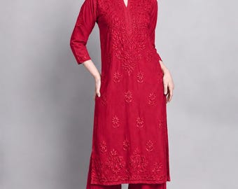 Maroon Vacation Outfit for Women, Embroidered Tunic Pants Set, Red Resort Wear, Lightweight Rayon Travel Co Ord, Boho Clothing, Lucknowi Set