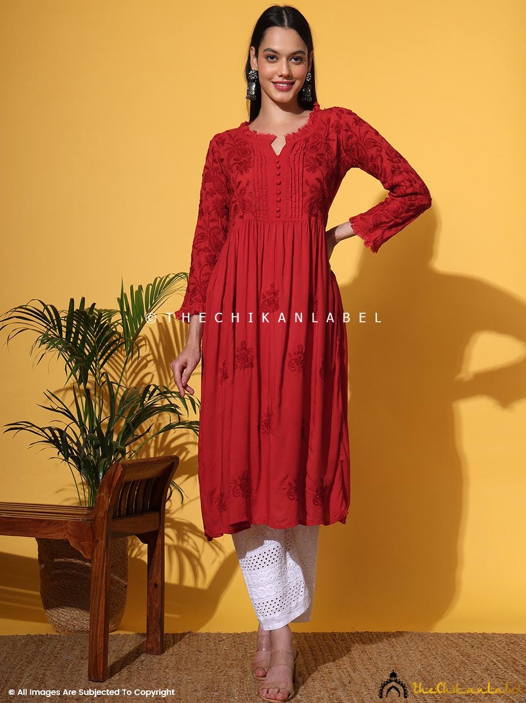 Ladyline Women's Anarkali Kurti - Rayon Chikankari Embroidered Boho Dress, 45" Length