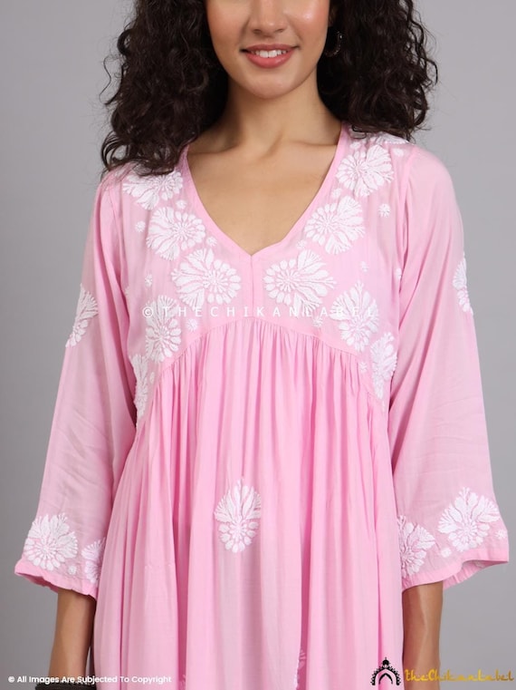pink chikankari dress Pink Modal Chikankari Kurti: Handmade Lucknowi Tunic Dress