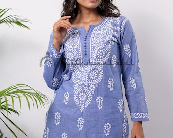 Handmade Lucknow Chikankari Tunic Top: Denim Cotton Kurti
