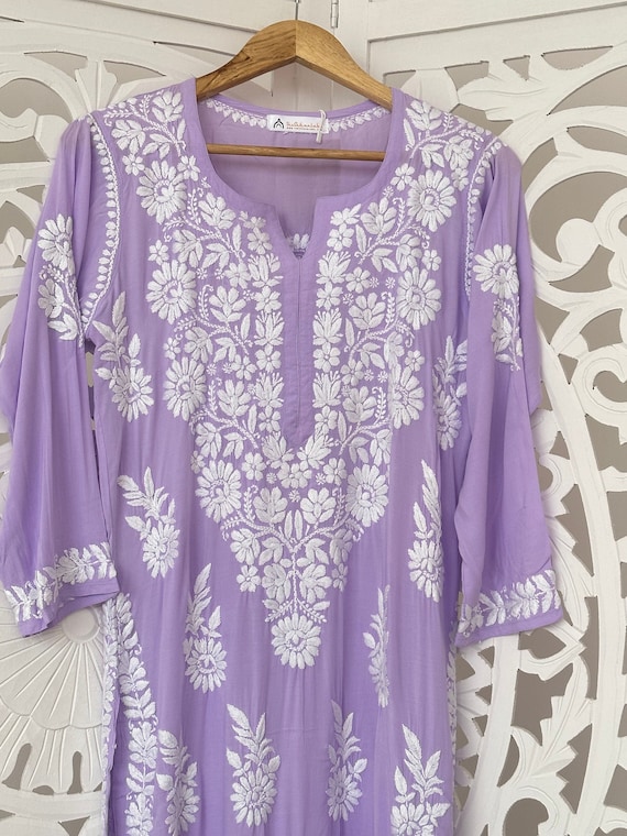 Neer Lavender Premium Chikankari Modal Kurti – The Lucknowi Chikan