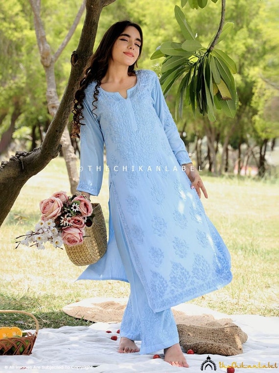 Sky Blue Aidah Modal Chikankari Straight Kurti - Thechikanlabel -  TheChikanLabel | Lucknow Chikankari Kurtis & Suits