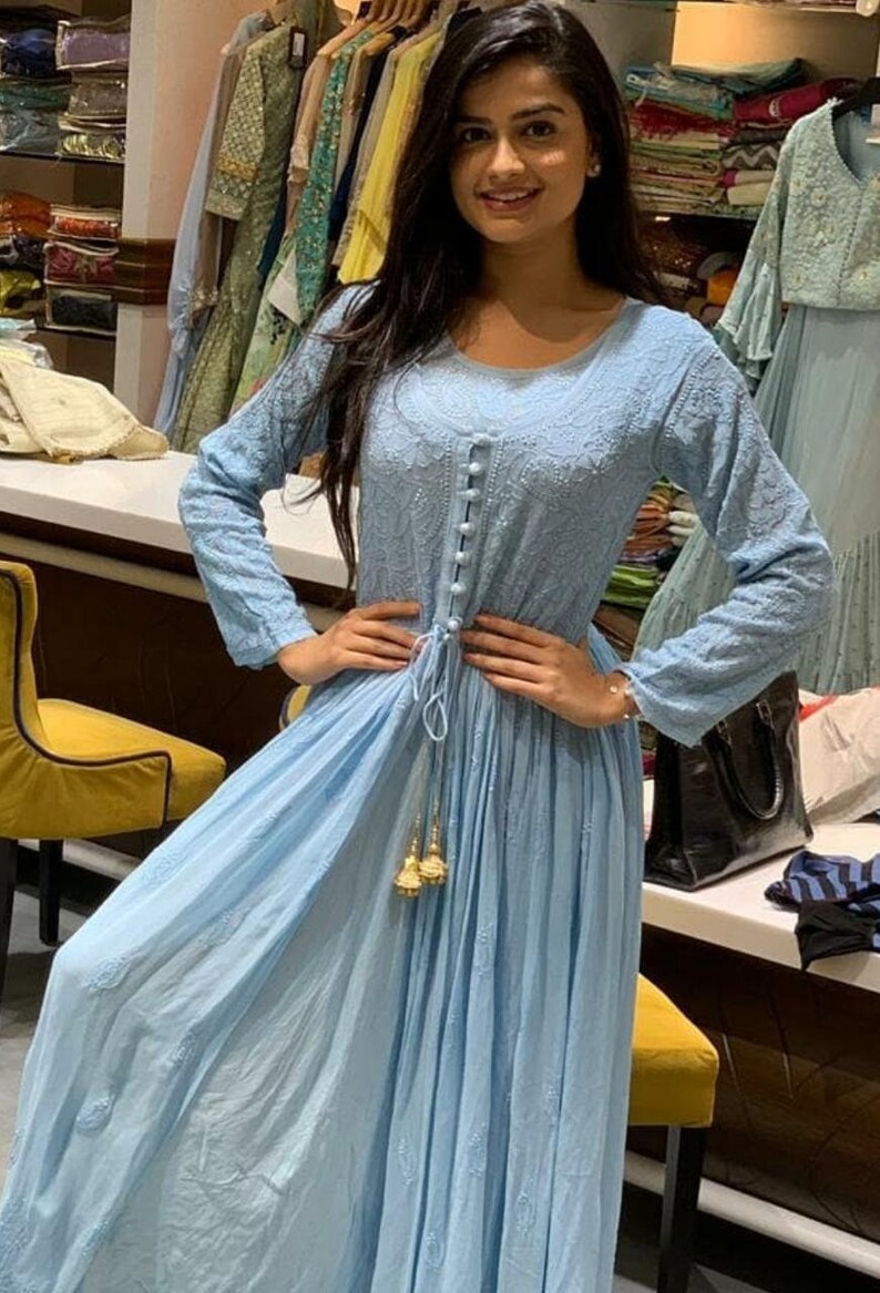 White Chikankari Mastani Anarkali Kurti Pure Georgette Lucknow Chikan Handwork Kurta Embroided Ethnic Wear Kurta Kaftan