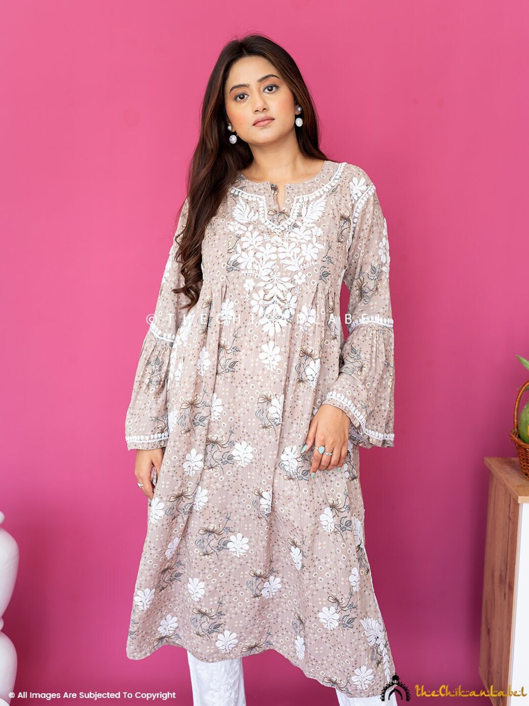 Plus Size Hand-Embroidered Chikankari Summer Dress - Mulmul Cotton Long Kurti (Sizes 3XL-13XL)