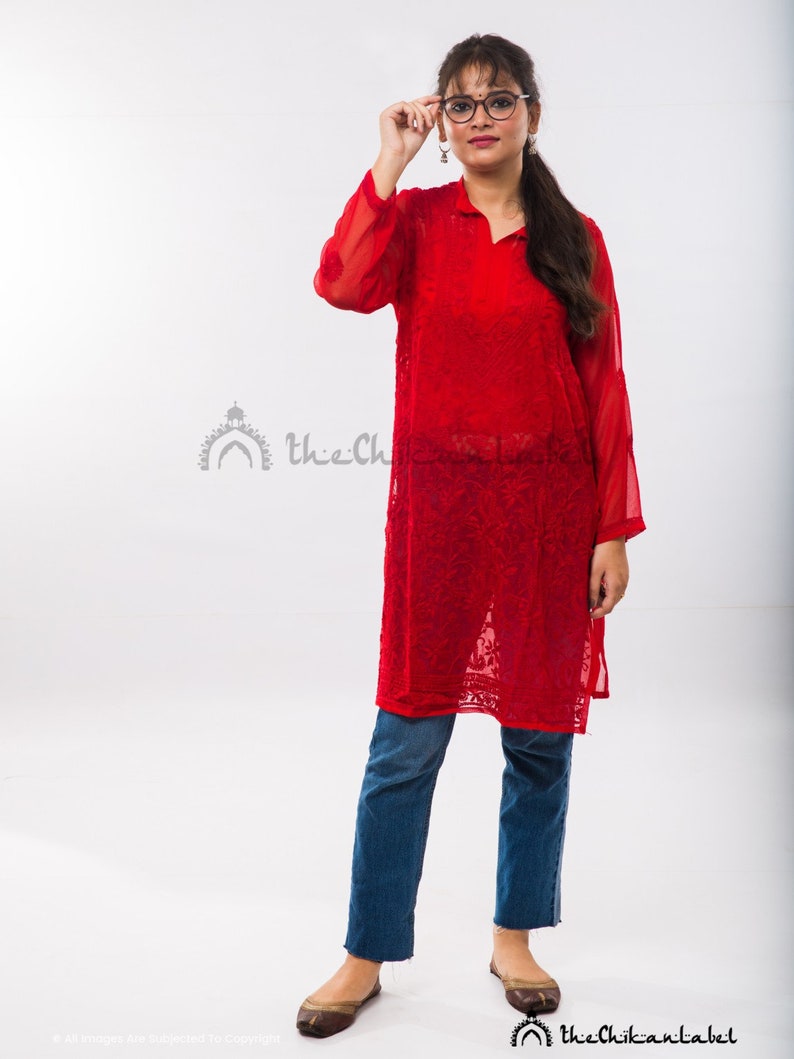 red chikan kurta