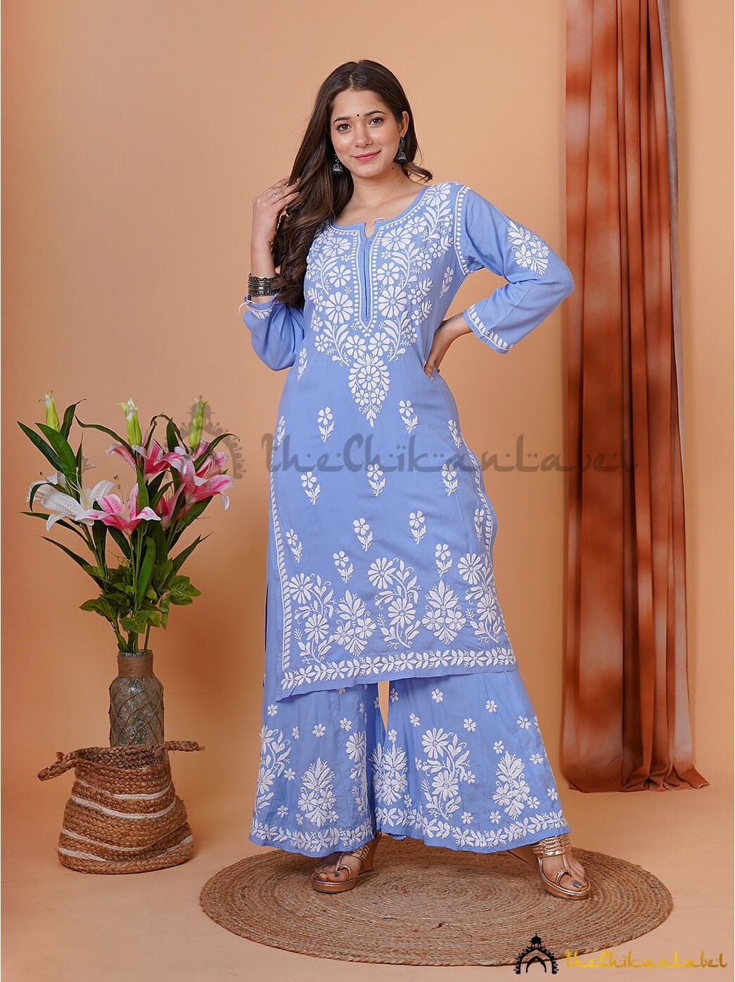 Powder Blue Premium Viscose Kurta Indian Lucknow Chikankari Handmade Kurti Shirt 