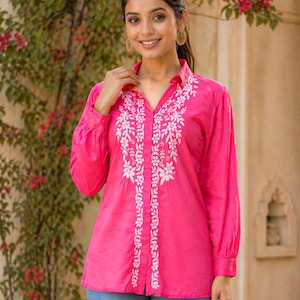 Pink Embroidered Cotton Shirt for Women, Hand Embroidered Chikankari Blouse, Boho Summer Top, Fall Fashion, Statement Cotton Shirt