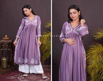 Mauve Handmade Chikankari Anarkali Lucknow Chikan A-Line Dress Indian Bollywood Designer Ethnic Wear Dress Wedding and Party Wear Kurta Top