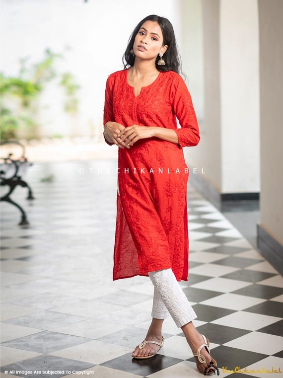 Red A-line straight kurta with beautiful sleeves - Kurti Fashion