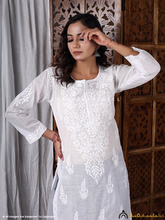 Lucknow Chikankari with Applique Work White A Line Indian KURTI Hand Made  Ethnic Cotton TUNIC Kurta with beautiful Hand Embroidery | Cotton tunics,  Kurti neck designs, Clothes for women