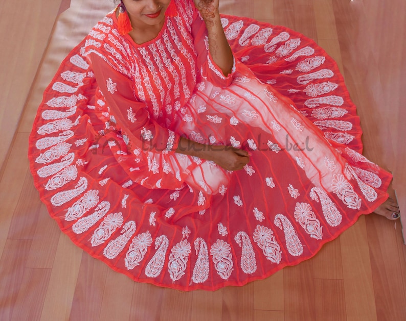 The Chikan Label Raksha Bandhan Special Ethnic Faux Georgette Chikankari 56 Kali Anarkali Kurti Hand Embroidery Lucknawi Handmade Kurta gown image 6
